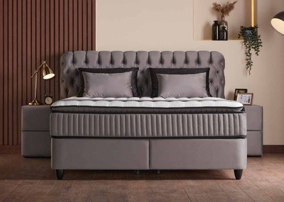 Casa Padrino Luxus Boxspringbett mit Chesterfield Kopfteil Grau 160 x 200 cm Casa Padrino Luxus Boxspringbett mit Chesterfield Kopfteil Grau 160 x 200 cm