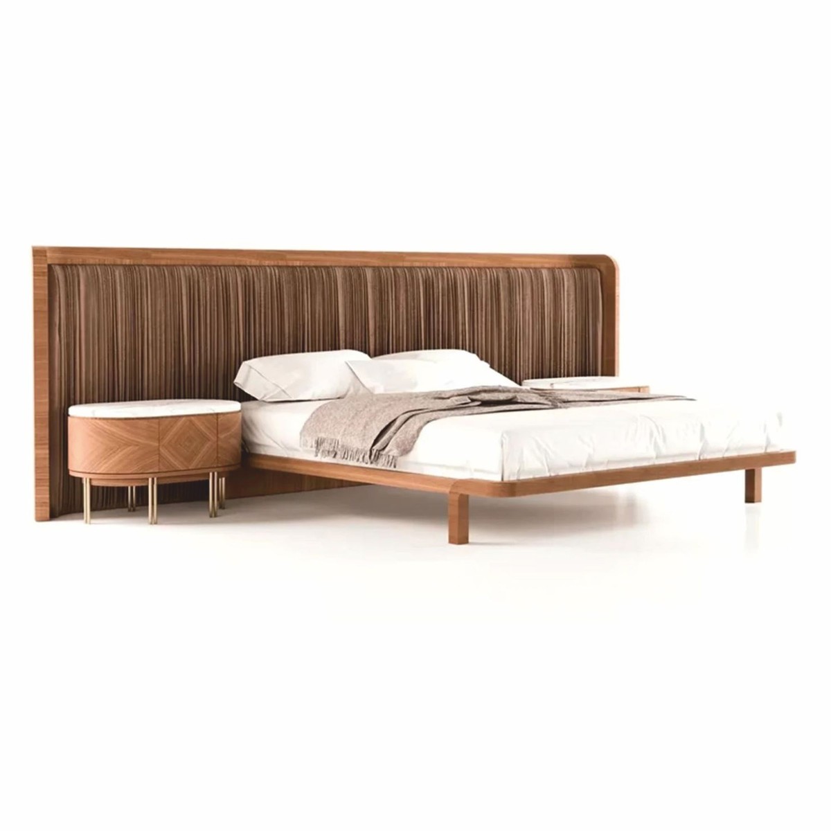 Casa Padrino Luxus Schlafzimmer Set Braun / Weiß / Messing - 1 Doppelbett mit Kopfteil & 2 Nachttische - Luxus Hotel & Schlafzimmer Möbel