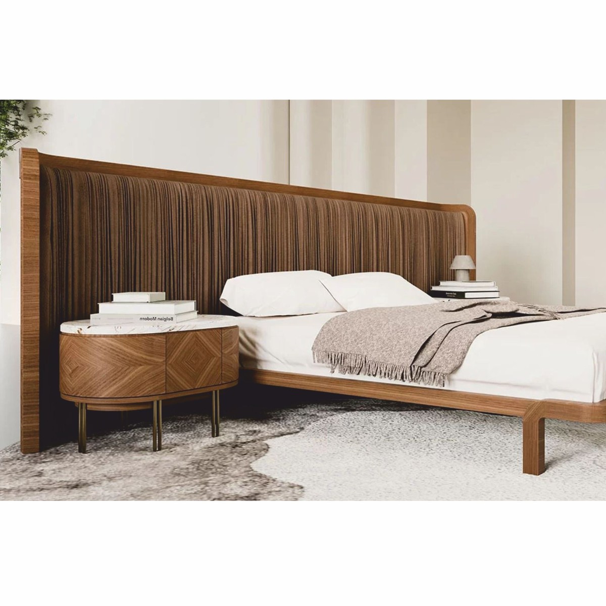 Casa Padrino Luxus Schlafzimmer Set Braun / Weiß / Messing - 1 Doppelbett mit Kopfteil & 2 Nachttische - Luxus Hotel & Schlafzimmer Möbel