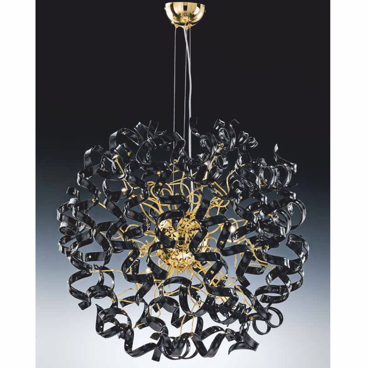 Casa Padrino Luxus LED Hängeleuchte Schwarz / Gold Ø 80 x H. 160 cm - Runde Kristallglas Pendelleuchte - Made in Italy