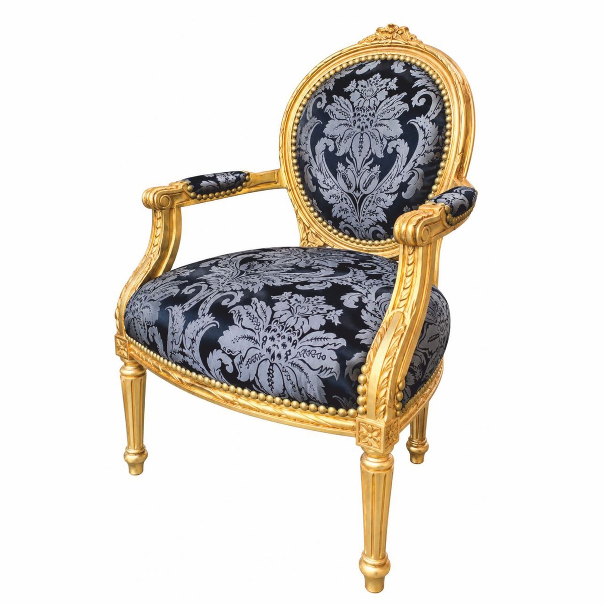 Casa Padrino Barock Salon Stuhl Schwarz / Grau / Gold - Handgefertigter Antik Stil Stuhl mit Armlehnen - Antik Stil Möbel - Barock Möbel