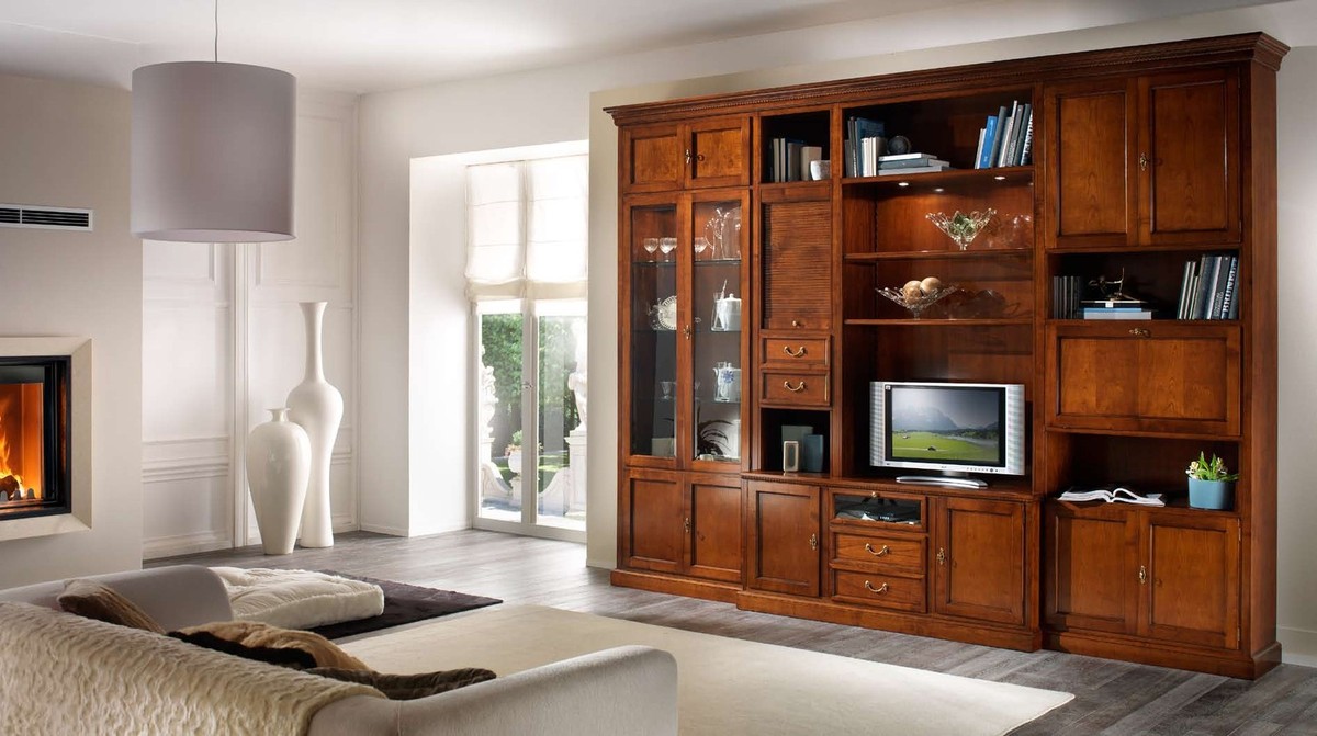 Casa Padrino Luxus Wohnwand Braun 355 x 50 x H. 269 cm - Handgefertigtes Massivholz Möbel - Luxus Qualität Casa Padrino Luxus Wohnwand Braun 355 x 50 x H. 269 cm - Handgefertigtes Massivholz Möbel - Luxus Qualität