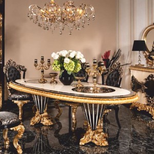 Ovaler Luxus Barock Esstisch Weiß Schwarz Gold