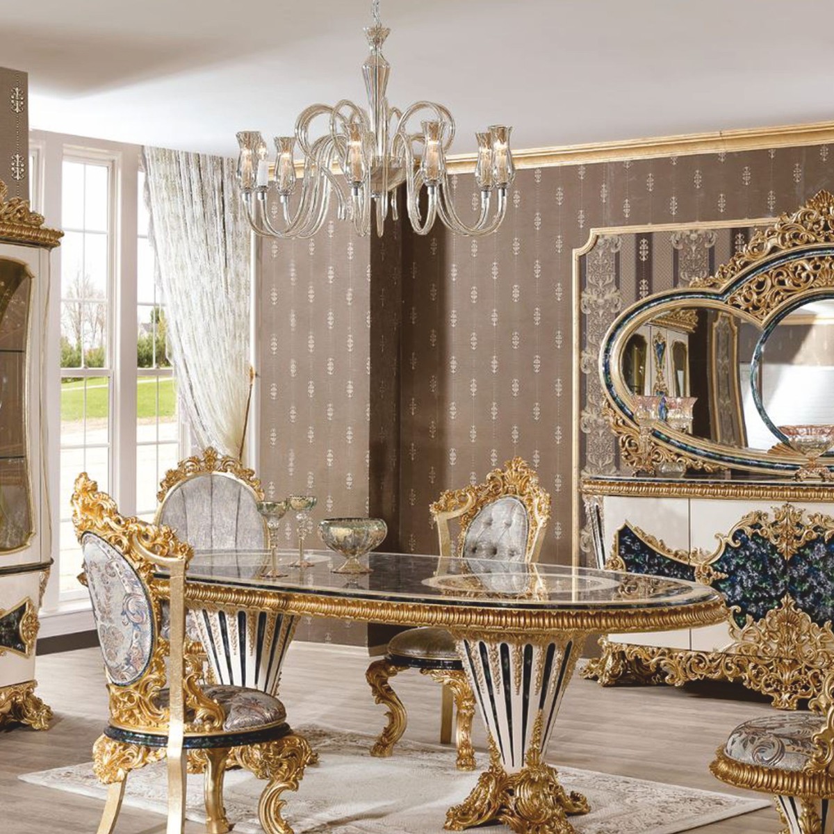 Casa Padrino table de salle à manger baroque de luxe blanc / bleu / or 280 cm - Table ovale - Mobilier de salle à manger baroque Casa Padrino table de salle à manger baroque de luxe blanc / bleu / or 280 cm - Table ovale - Mobilier de salle à manger baroque