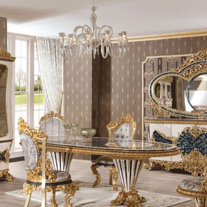 Ovaler Luxus Barock Esstisch Weiß Blau Gold