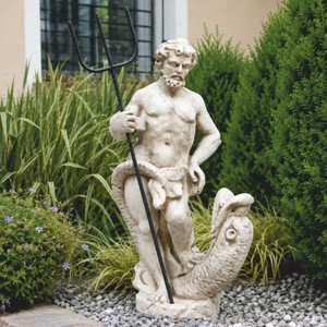 Jugendstil Garten Deko Skulptur Neptun mit Fisch Weiß Braun Schwarz
