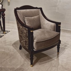 Luxus Barock Samt Sessel Grau Rotbraun Gold