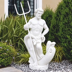 Jugendstil Garten Deko Skulptur Neptun mit Fisch Weiß