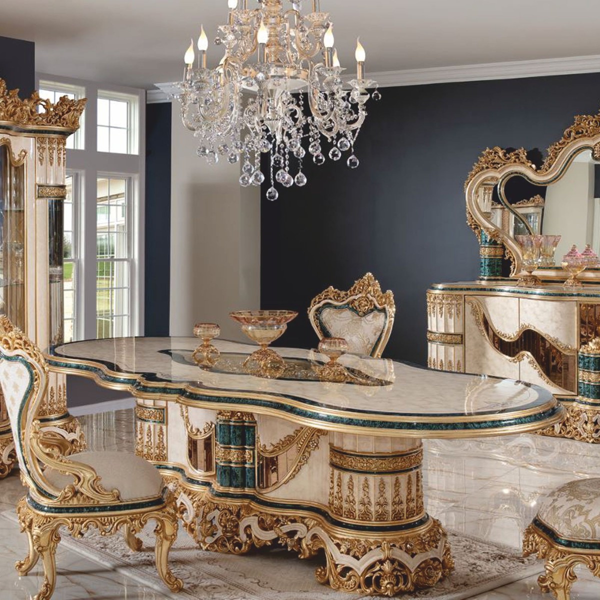 Prunkvoller Luxus Barock Esstisch Weiß Beige Grün Gold Prunkvoller Luxus Barock Esstisch Weiß Beige Grün Gold