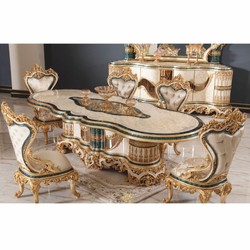 Prunkvoller Luxus Barock Esstisch Weiß Beige Grün Gold