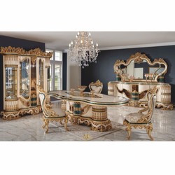 Prunkvoller Luxus Barock Esstisch Weiß Beige Grün Gold