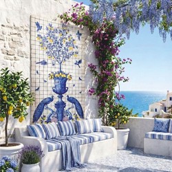 Casa Padrino pintura mural de pared de cerámica barroco de lujo crema / azul / amarillo / violeta Al. 280 cm - Mural de mosaico