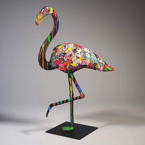 XXL Garten Deko Skulptur Figur Flamingo Bunt Schwarz