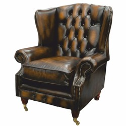 Luxus Chesterfield Leder Echtleder Sessel Ohrensessel Antik Braun Dunkelbraun Messing