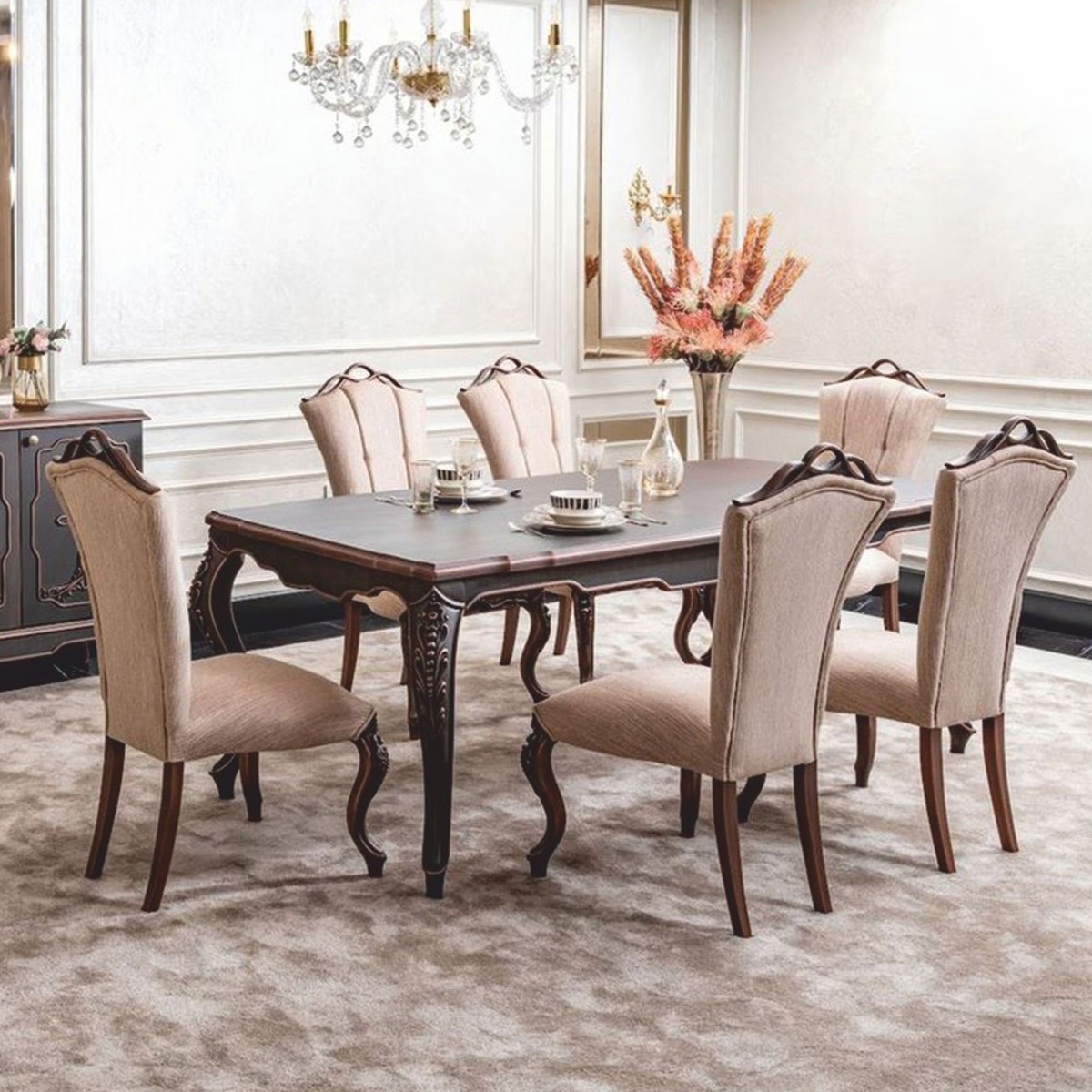 Casa Padrino Luxus Barock Esszimmer Set Beige / Braun - 1 Barock Esstisch & 6 Barock Stühle