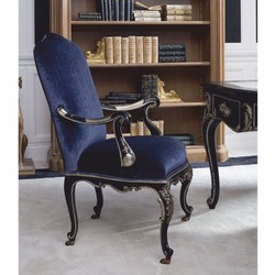 Casa Padrino chaise de bureau baroque de luxe avec accoudoirs bleu / noir / or - Fabriqué en Italie