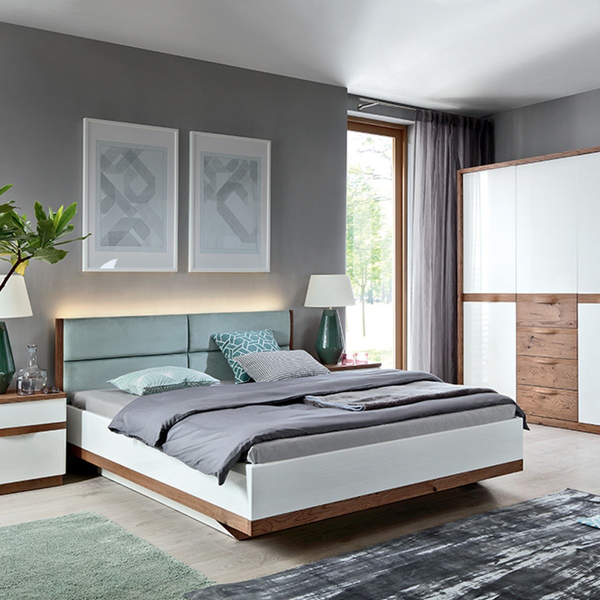 Casa Padrino luxury designer double bed white / mint green / oak 160 x 200 cm with lighting - Elegant solid wood bed - Modern bedroom furniture Casa Padrino luxury designer double bed white / mint green / oak 160 x 200 cm with lighting - Elegant solid wood bed - Modern bedroom furniture