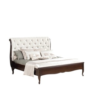 Casa Padrino Luxus Jugendstil Doppelbett Dunkelbraun / Creme 160 x 200 cm mit Chesterfield Kopfteil - Elegantes Massivholz Bett - Jugendstil Schlafzimmer Möbel