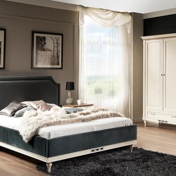 Casa Padrino letto matrimoniale Art Nouveau di lusso grigio / crema 160 x 200 cm completamente imbottito - Elegante letto in legno massello - Mobili camera da letto Art Nouveau