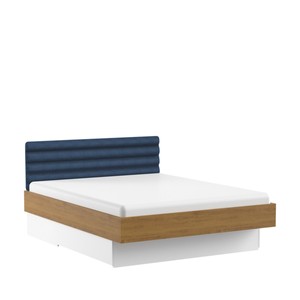 Casa Padrino Luxus Designer Doppelbett Blau / Eiche / Weiß 160 x 200 cm mit gestepptem Kopfteil - Elegantes Massivholz Bett - Moderne Schlafzimmer Möbel