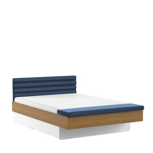 Casa Padrino Luxus Designer Doppelbett Blau / Eiche / Weiß 160 x 200 cm mit gepolsterter Fußbank - Elegantes Massivholz Bett - Moderne Schlafzimmer Möbel