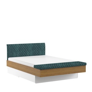 Casa Padrino Luxus Designer Doppelbett Petrol / Eiche / Weiß 160 x 200 cm mit gepolsterter Fußbank - Elegantes Massivholz Bett - Moderne Schlafzimmer Möbel
