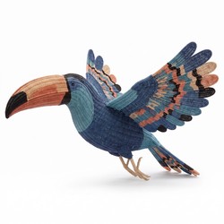 Casa Padrino Tucán XXL de Ratán de Lujo Volando Azul / Petróleo / Salmón L. 200 x An. 260 x Al. 100 cm - Escultura Decorativa Tejida a Mano - Enorme Escultura de Pájaro