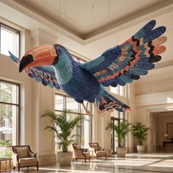 Casa Padrino Tucán XXL de Ratán de Lujo Volando Azul / Petróleo / Salmón L. 200 x An. 260 x Al. 100 cm - Escultura Decorativa Tejida a Mano - Enorme Escultura de Pájaro