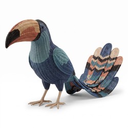 Casa Padrino Toucan XXL en Rotin de Luxe Debout Bleu / Pétrole / Saumon L. 200 x H. 120 cm - Sculpture Décorative Tressée à la Main - Immense Sculpture d'Oiseau