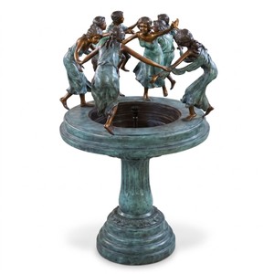 Jugendstil Bronze Springbrunnen mit acht tanzenden Kinderfiguren tuerkis bronze 135 cm