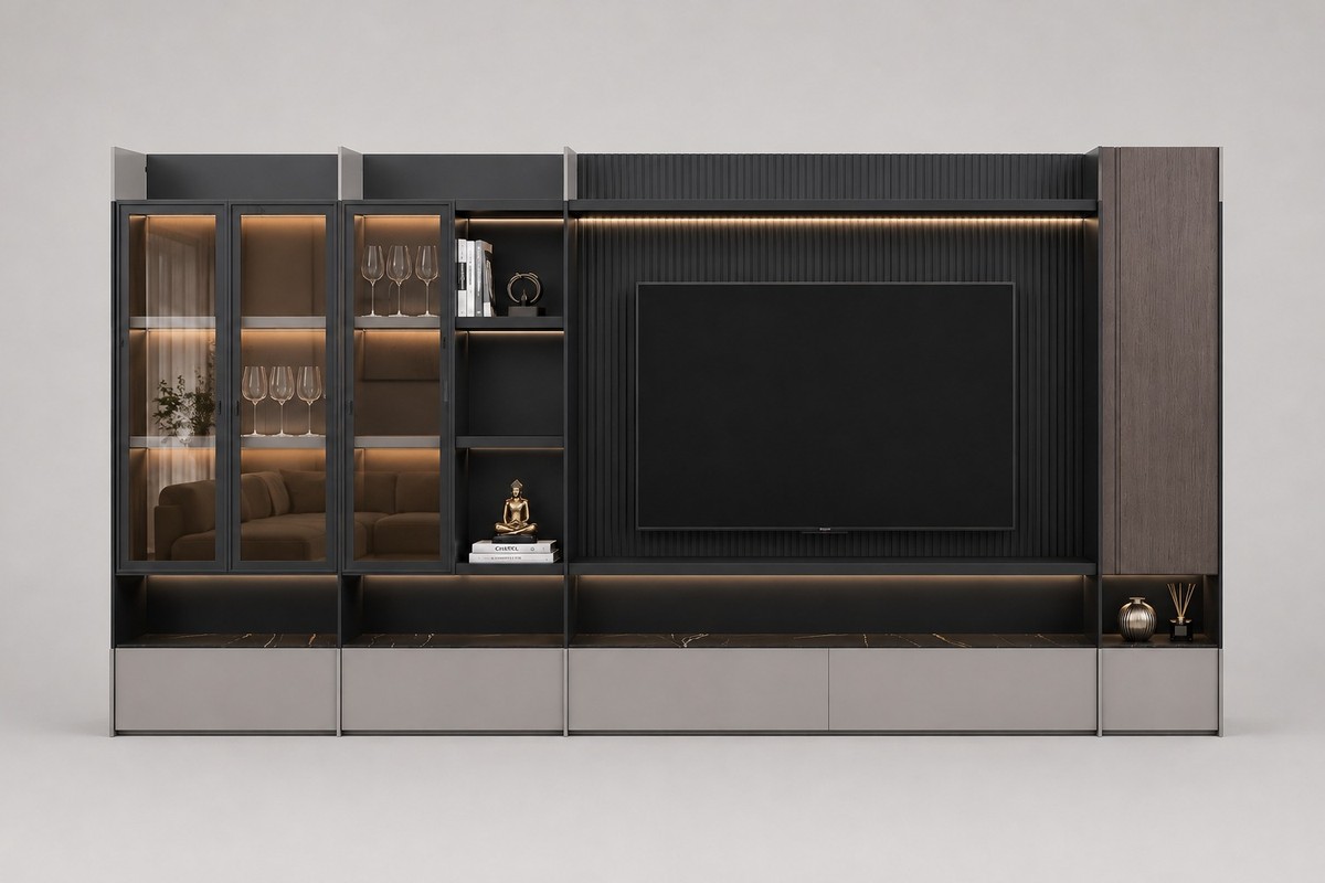 Casa Padrino Luxury TV Wall Unit Dark Brown / Black / Gray 525 x 45 x H. 208 cm - Modern Wall Unit with TV Cabinet - Living Room & Hotel Furniture Casa Padrino Luxury TV Wall Unit Dark Brown / Black / Gray 525 x 45 x H. 208 cm - Modern Wall Unit with TV Cabinet - Living Room & Hotel Furniture