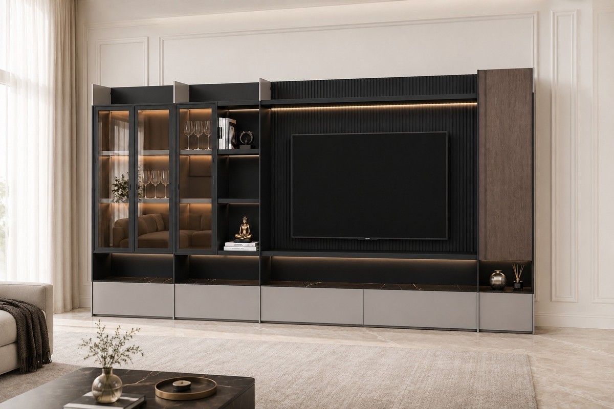 Casa Padrino Luxury TV Wall Unit Dark Brown / Black / Gray 525 x 45 x H. 208 cm - Modern Wall Unit with TV Cabinet - Living Room & Hotel Furniture Casa Padrino Luxury TV Wall Unit Dark Brown / Black / Gray 525 x 45 x H. 208 cm - Modern Wall Unit with TV Cabinet - Living Room & Hotel Furniture