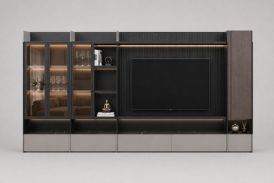 Casa Padrino Luxus TV Wand Dunkelbraun / Schwarz / Grau 525 x 45 x H. 208 cm