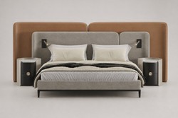 Casa Padrino Luxury Double Bed Gray / Cognac 330 x 230 x H. 112 cm - Modern Bed with Headboard - Bedroom & Hotel Furniture