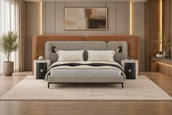 Casa Padrino Luxury Double Bed Gray / Cognac 330 x 230 x H. 112 cm - Modern Bed with Headboard - Bedroom & Hotel Furniture
