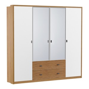 Casa Padrino Armadio in legno massello Bianco / Rovere 227 x 62,5 x A. 210 cm - Con 4 ante e specchio - Mobili Camera da Letto