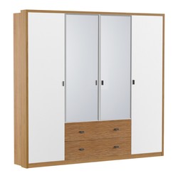 Casa Padrino Massivholz Kleiderschrank Weiß / Eiche 227 x 62,5 x H. 210 cm - Mit 4 Türen und Spiegel - Schlafzimmer Möbel