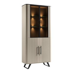 Casa Padrino Vetrina in legno massello Grigio 94,2 x 39,7 x A. 204,2 cm - Con 2 ante in vetro e 2 ante in legno in basso - Mobili Soggiorno