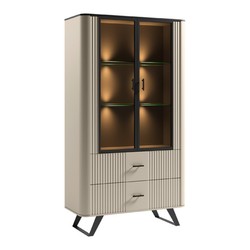 Casa Padrino Vetrina in legno massello Grigio 94,2 x 39,7 x A. 170 cm - Con 2 ante in vetro e 2 cassetti in basso - Mobili Soggiorno