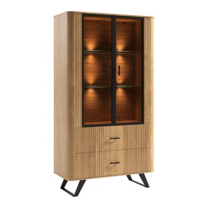 Casa Padrino Massivholz Vitrine Naturfarben 94,2 x 39,7 x H. 170 cm - Mit 2 Glastüren und 2 Schubladen - Wohnzimmer Möbel