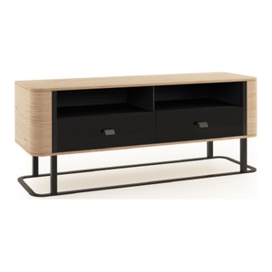 Casa Padrino Massivholz TV Schrank Naturfarben / Schwarz 150,8 x 40,2 x H. 59,6 cm - Mit 2 Schubladen - Wohnzimmer Möbel