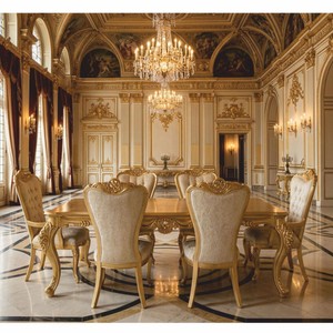 Magnifico set da pranzo barocco di lusso bianco oro tavolo e 6 sedie Magnifico set da pranzo barocco di lusso bianco oro tavolo e 6 sedie