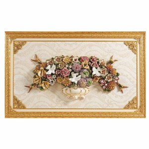 Luxus Barock Keramik Wandgemälde Barockvase Blumen Vögel Creme Gold