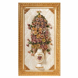 Luxus Barock Keramik Wandbild Barockvase mit Blumenstrauß Weiß Bunt Gold