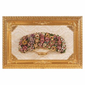 Luxus Barock Keramik Wandbild Keramikvase mit bunten Blumen Creme Gold