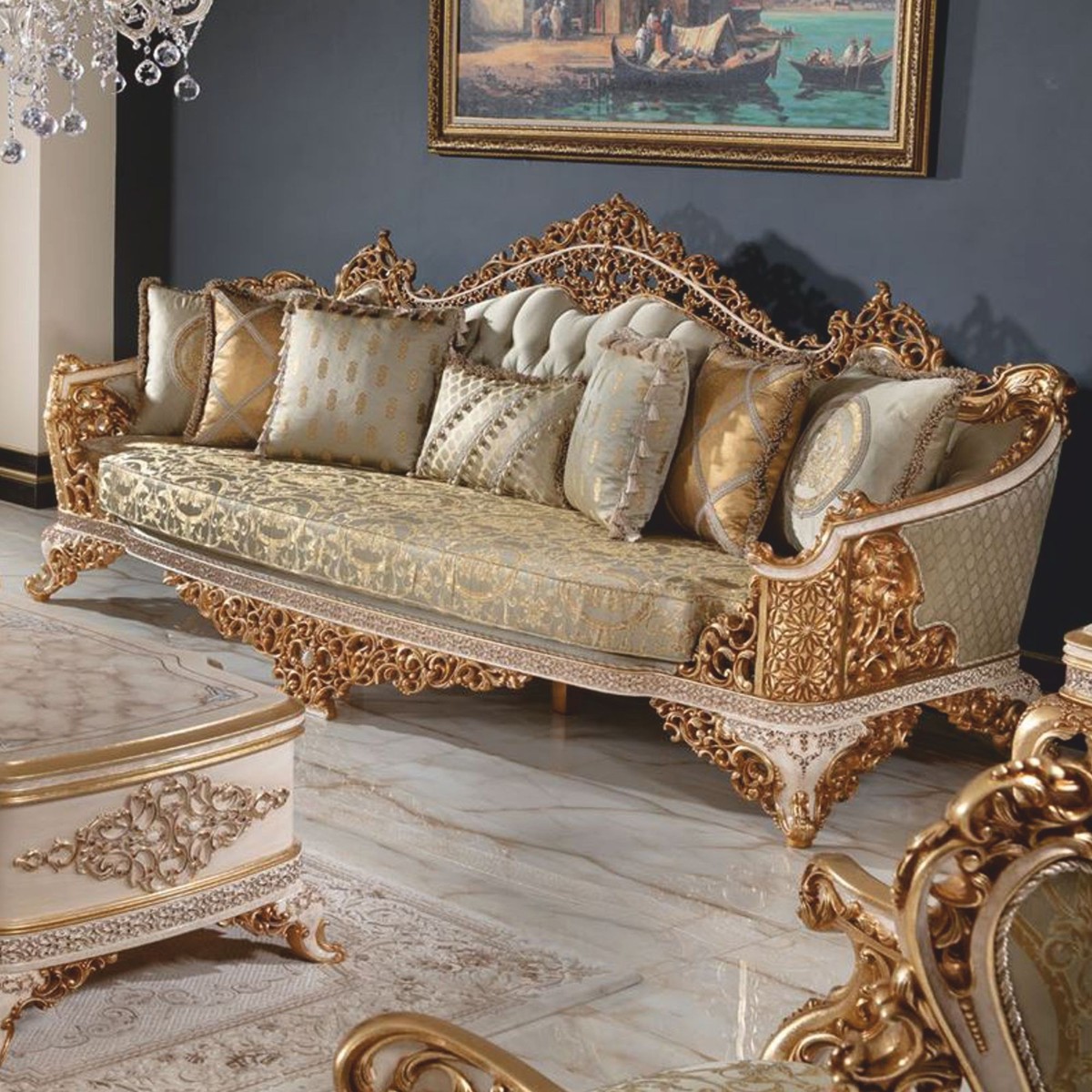 Luxus Barock Sofa Grau Weiß Braun Gold 285 cm Luxus Barock Sofa Grau Weiß Braun Gold 285 cm
