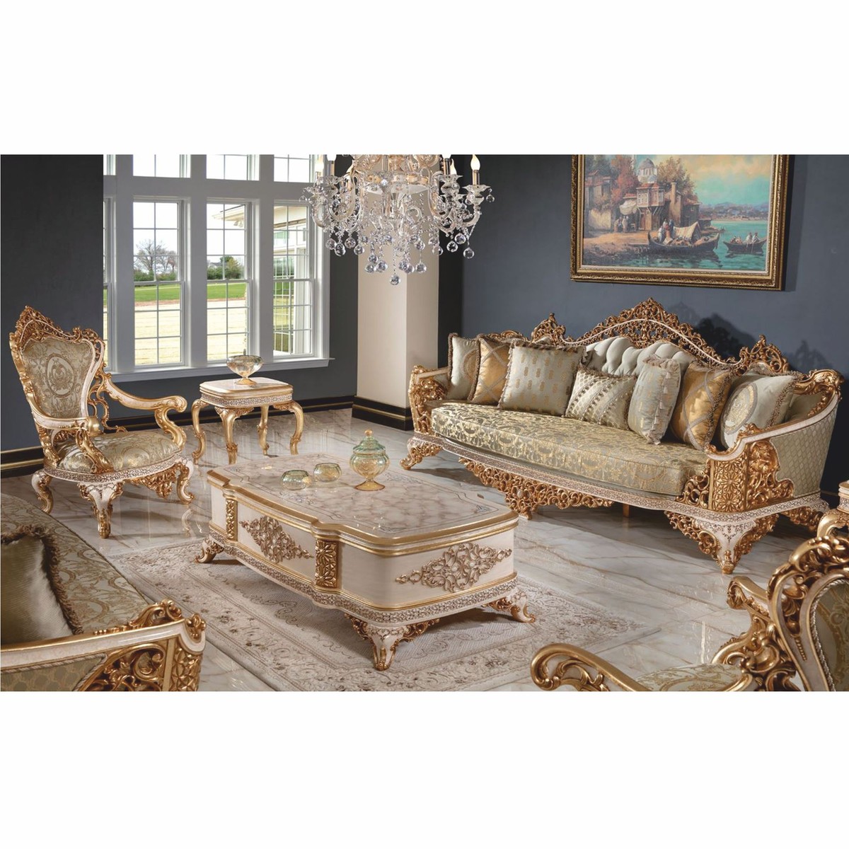 Luxus Barock Sofa Grau Weiß Braun Gold 285 cm Luxus Barock Sofa Grau Weiß Braun Gold 285 cm