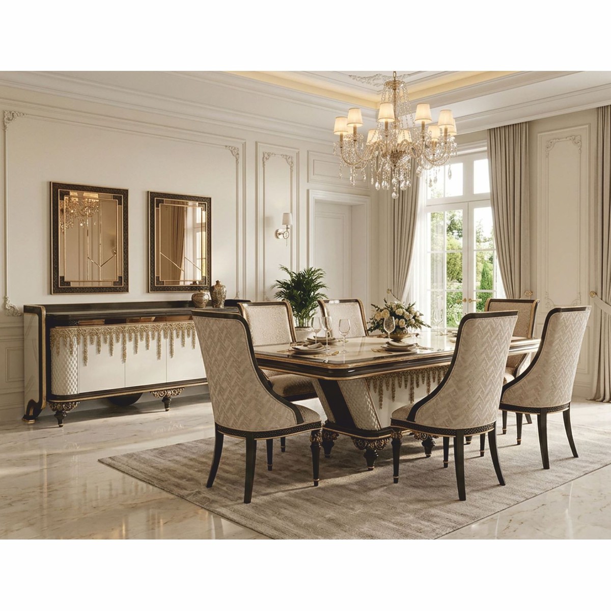 Luxus Barock Esstisch Beige / Schwarz / Gold Luxus Barock Esstisch Beige / Schwarz / Gold