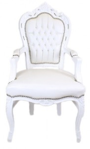 Casa Padrino Baroque dining room chair white / white leather look with armrests Casa Padrino Baroque dining room chair white / white leather look with armrests