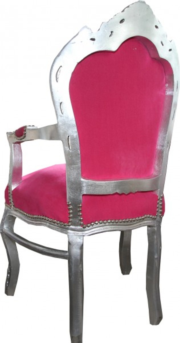 Casa Padrino barroco Cena silla rosada / plata con apoyabrazos Casa Padrino barroco Cena silla rosada / plata con apoyabrazos